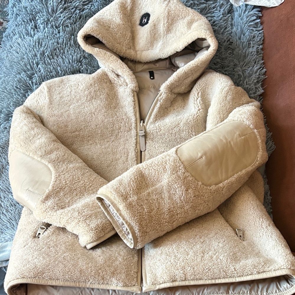 Women’s Mackage reversible real shearling/down puffer with hood.